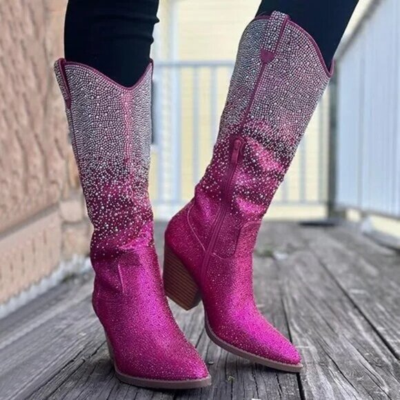 Wild Ones Fuchsia Ombre Rhinestone Western Cowgirl Knee Boots Hot Pink - Picture 17 of 17